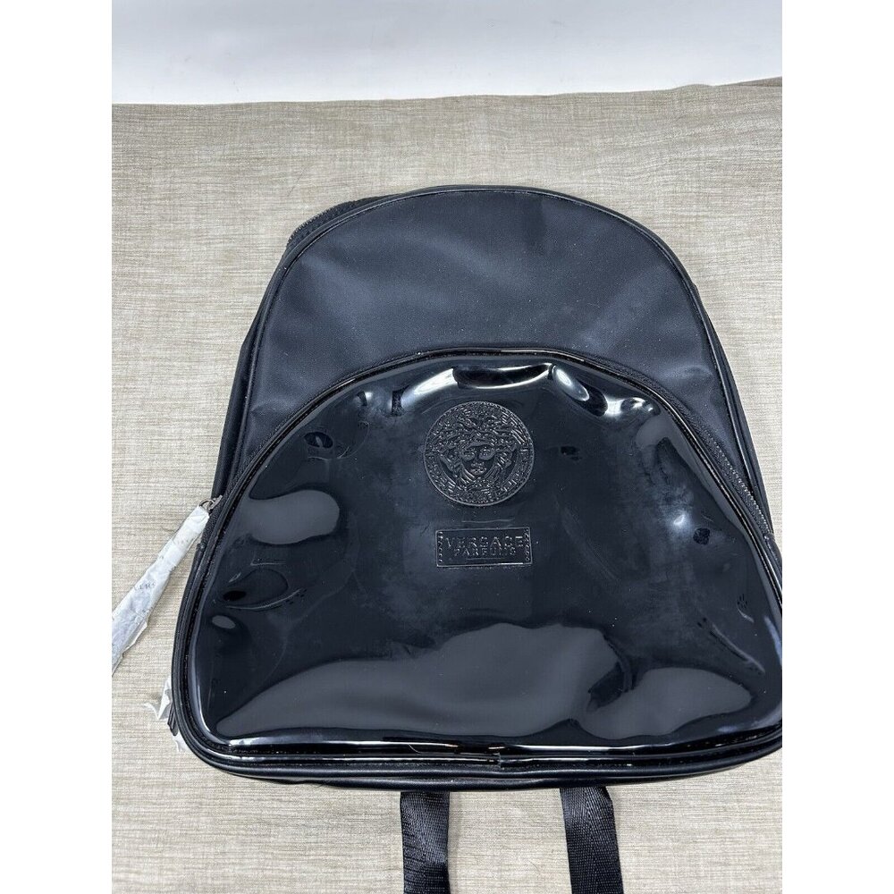 VERSACE PARFUMS Medusa Head Black Faux Patent Leather Nylon Backpack with logo